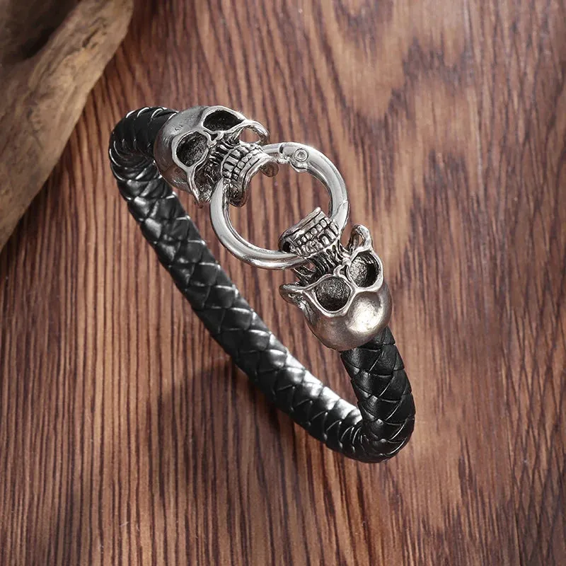 Fashion Hip Hop Rock Skull Leather Bracelet Personality Motorcycle Bike Silver Color Bracelet for Men Jewelry