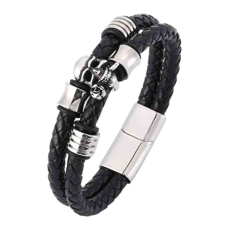 Fashion Hip Hop Rock Skull Leather Bracelet Personality Motorcycle Bike Silver Color Bracelet for Men Jewelry