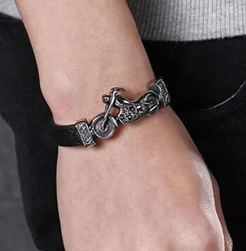 Fashion Hip Hop Rock Skull Leather Bracelet Personality Motorcycle Bike Silver Color Bracelet for Men Jewelry