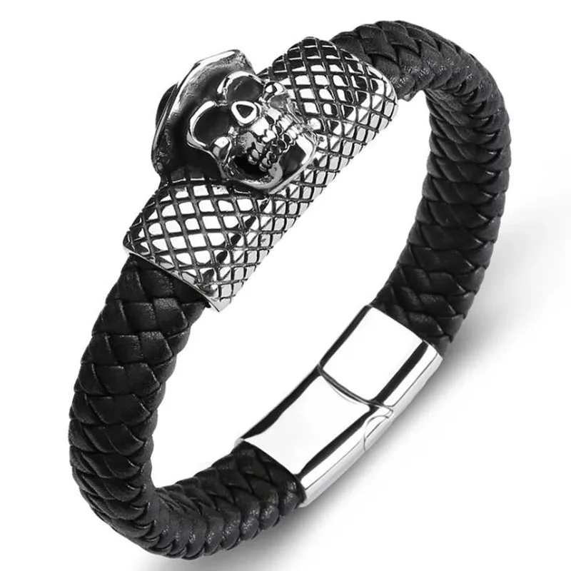 Fashion Hip Hop Rock Skull Leather Bracelet Personality Motorcycle Bike Silver Color Bracelet for Men Jewelry