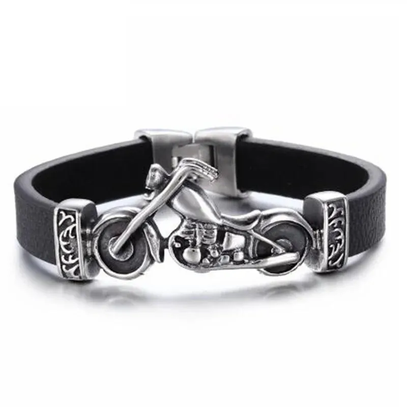 Fashion Hip Hop Rock Skull Leather Bracelet Personality Motorcycle Bike Silver Color Bracelet for Men Jewelry