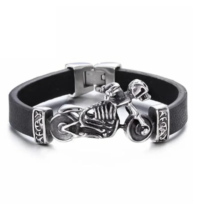 Fashion Hip Hop Rock Skull Leather Bracelet Personality Motorcycle Bike Silver Color Bracelet for Men Jewelry