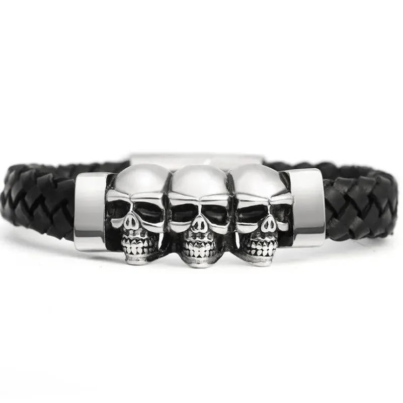 Fashion Hip Hop Rock Skull Leather Bracelet Personality Motorcycle Bike Silver Color Bracelet for Men Jewelry