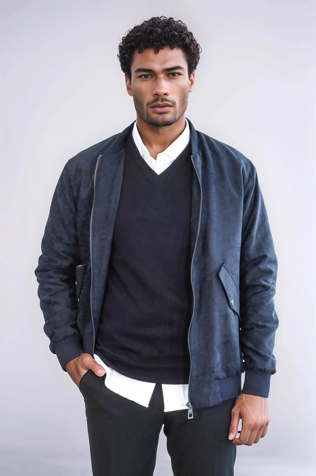 Flap Pockets Suede Dark Blue Men Bomber Coat - Wessi