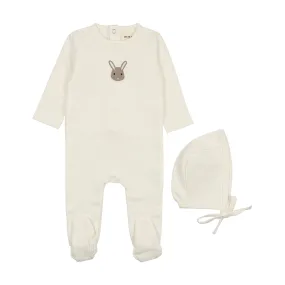 footie french terry embroidered with hat - winter white/bunny