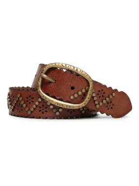 Genuine Leather Cognac Studded Belt By Art N Vintage