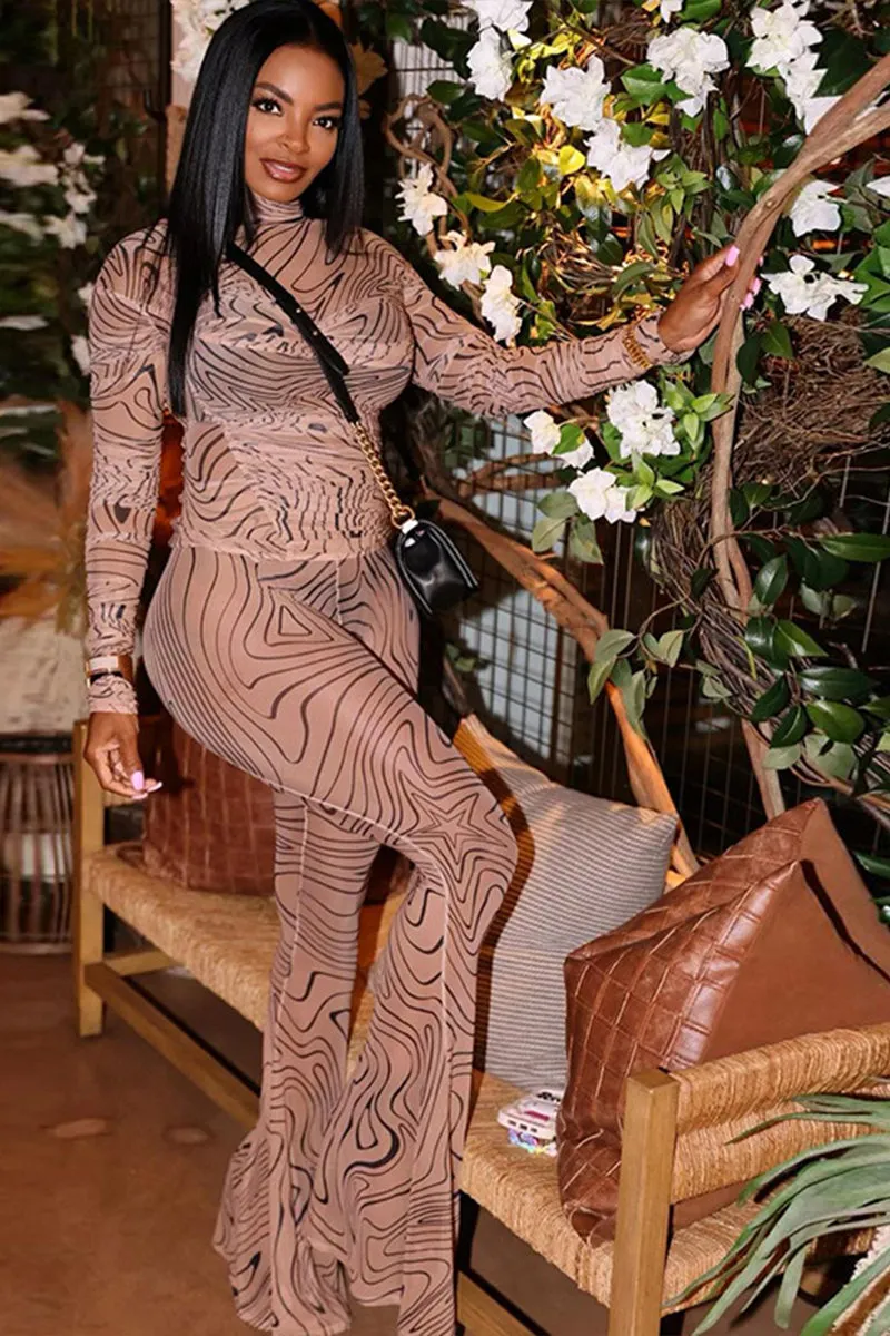 Geometric Print Turtleneck Long Sleeve Flare Pants Set