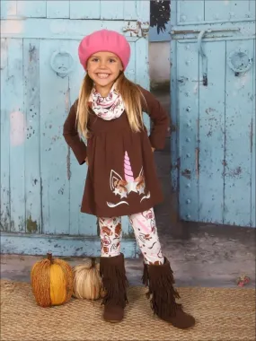 Girls Brown Long Sleeve Unicorn Tunic And Football Print Leggings And Scarf Set