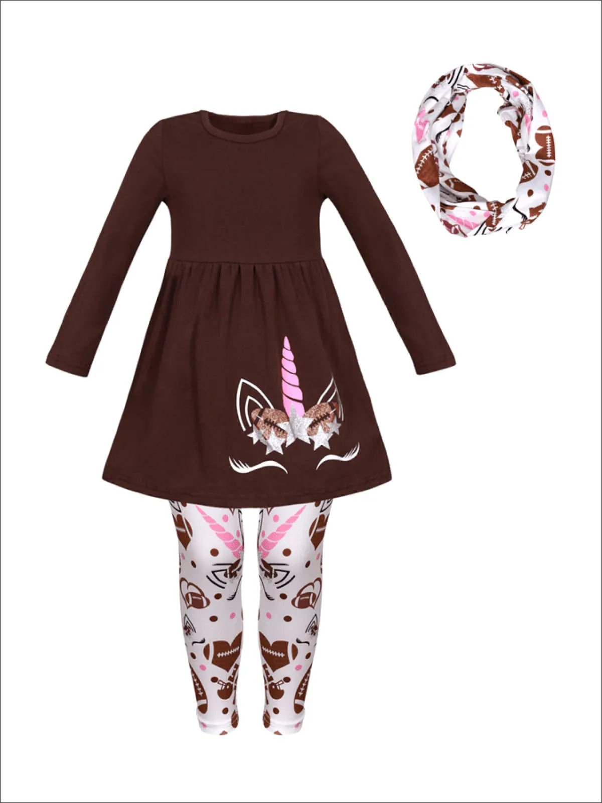 Girls Brown Long Sleeve Unicorn Tunic And Football Print Leggings And Scarf Set