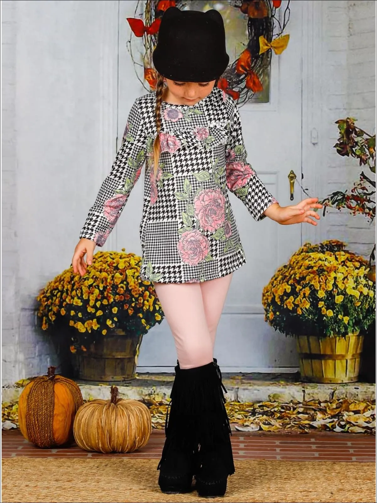 Girls Houndstooth Rose Print Ruffle Long Sleeve Tunic And Legging Set