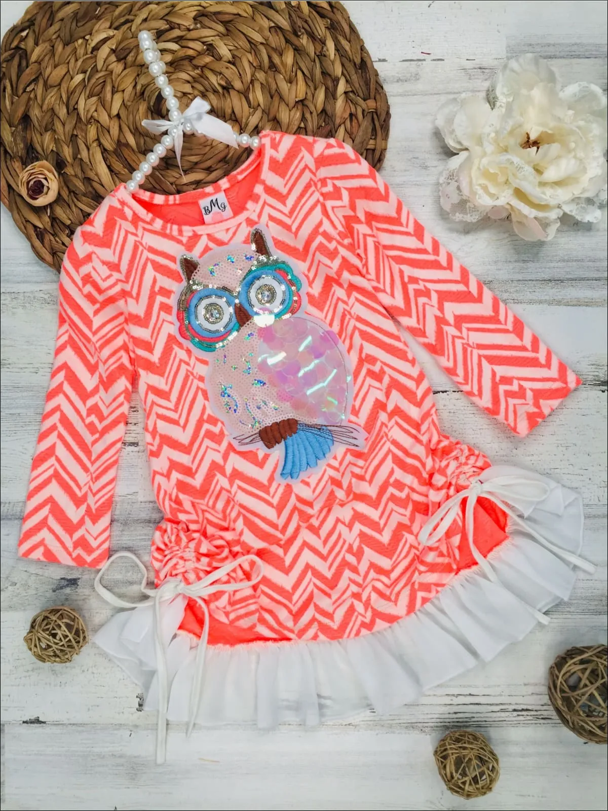 Girls Long Sleeve Drawstring Ruffled Applique Tunic