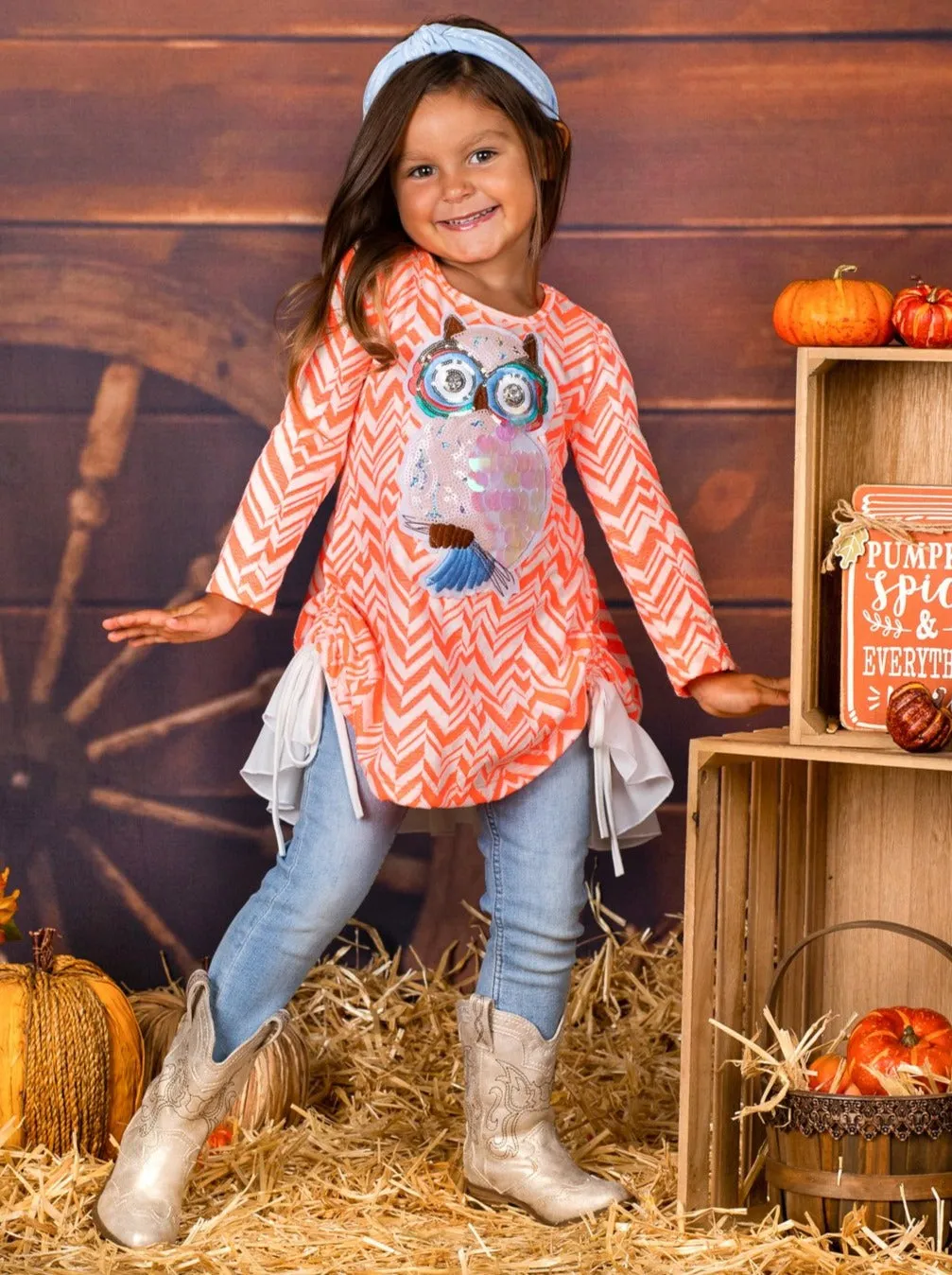 Girls Long Sleeve Drawstring Ruffled Applique Tunic