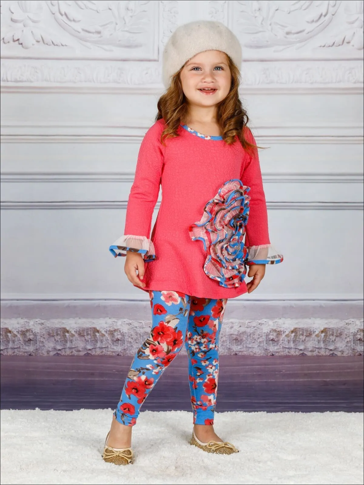 Girls Sweet Sweet Flower Ruffled Tunic And Floral Legging Set