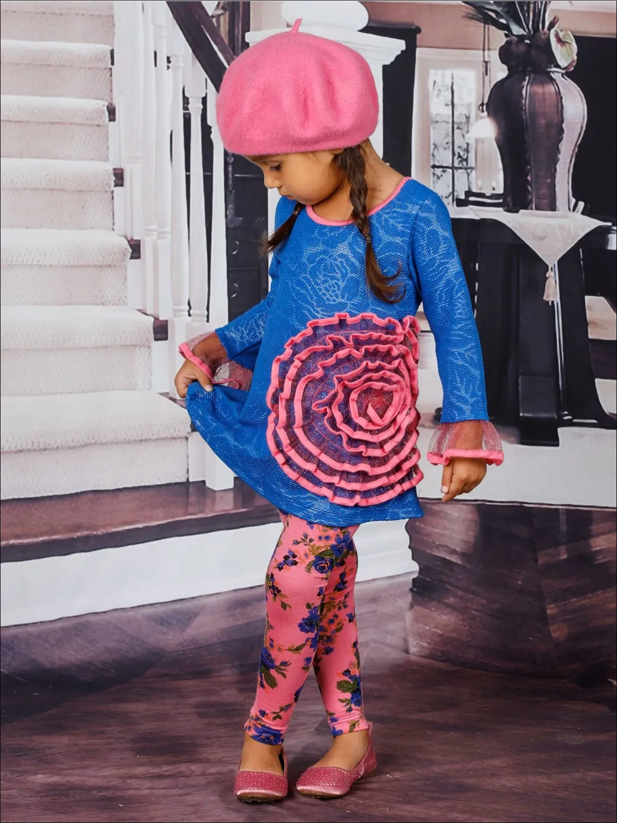 Girls Sweet Sweet Flower Ruffled Tunic And Floral Legging Set