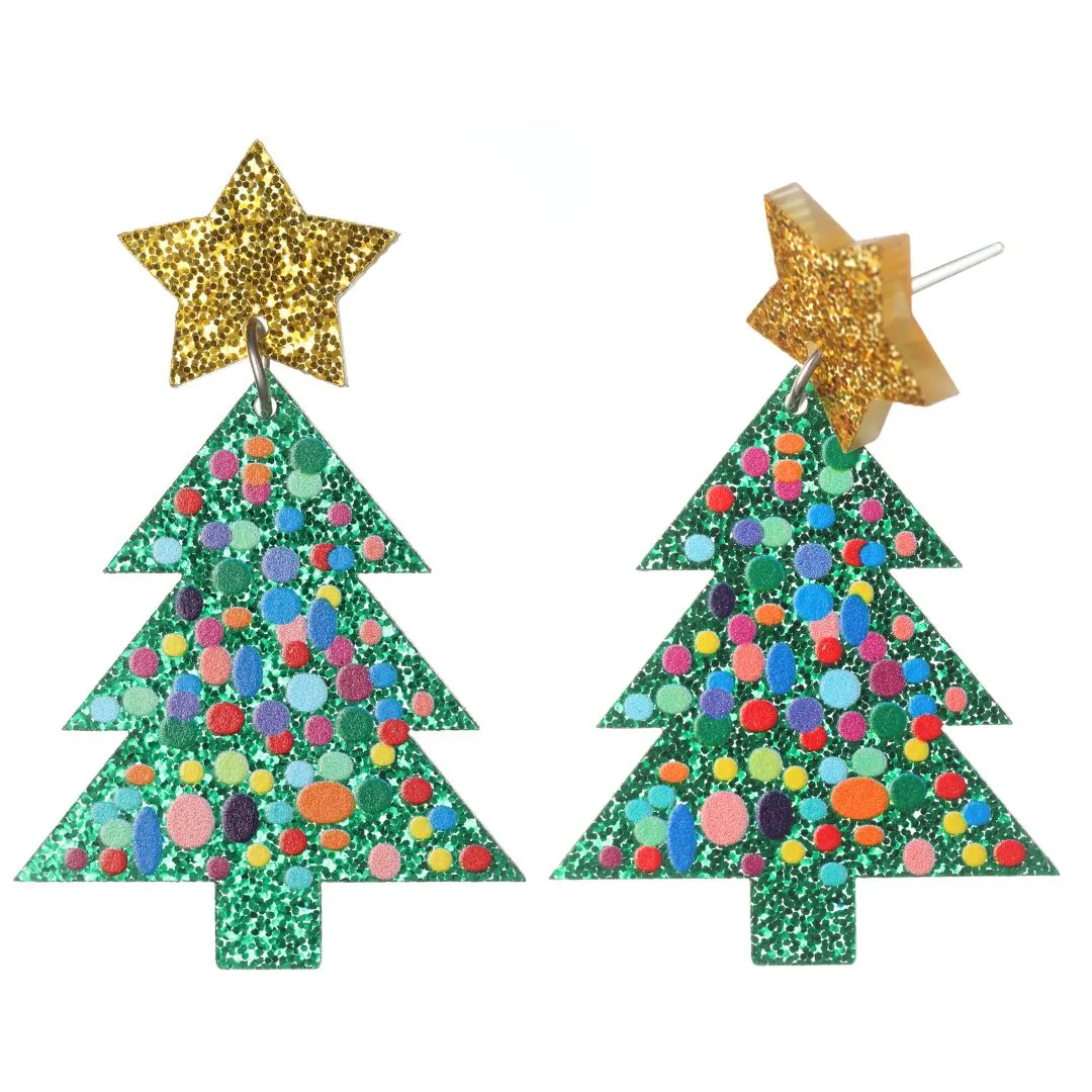 Glittery Bubble Christmas Tree Dangles Hypoallergenic Earrings for Sensitive Ears Made with Plastic Posts