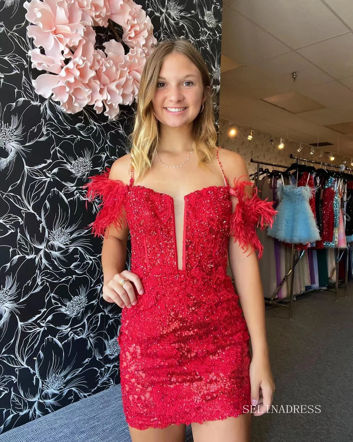 Glittery Red Sequins Homecoming Dresses 2022 Off-the-shoulder Cocktail Dresses #TKL006