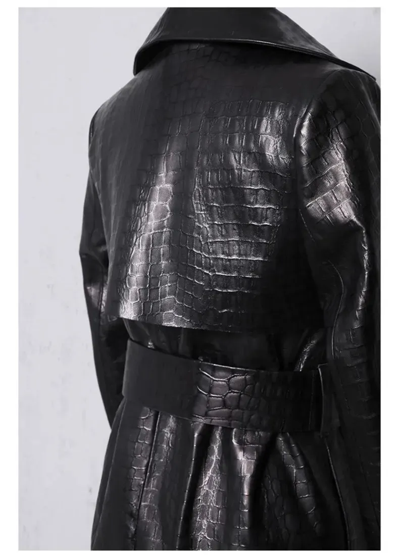 Glossy Autumn Faux Leather Trench Coat