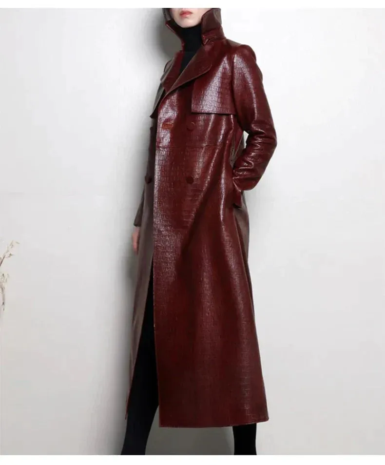 Glossy Autumn Faux Leather Trench Coat