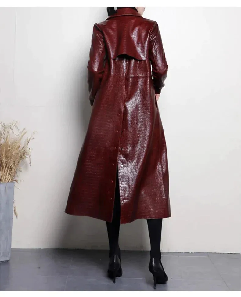 Glossy Autumn Faux Leather Trench Coat