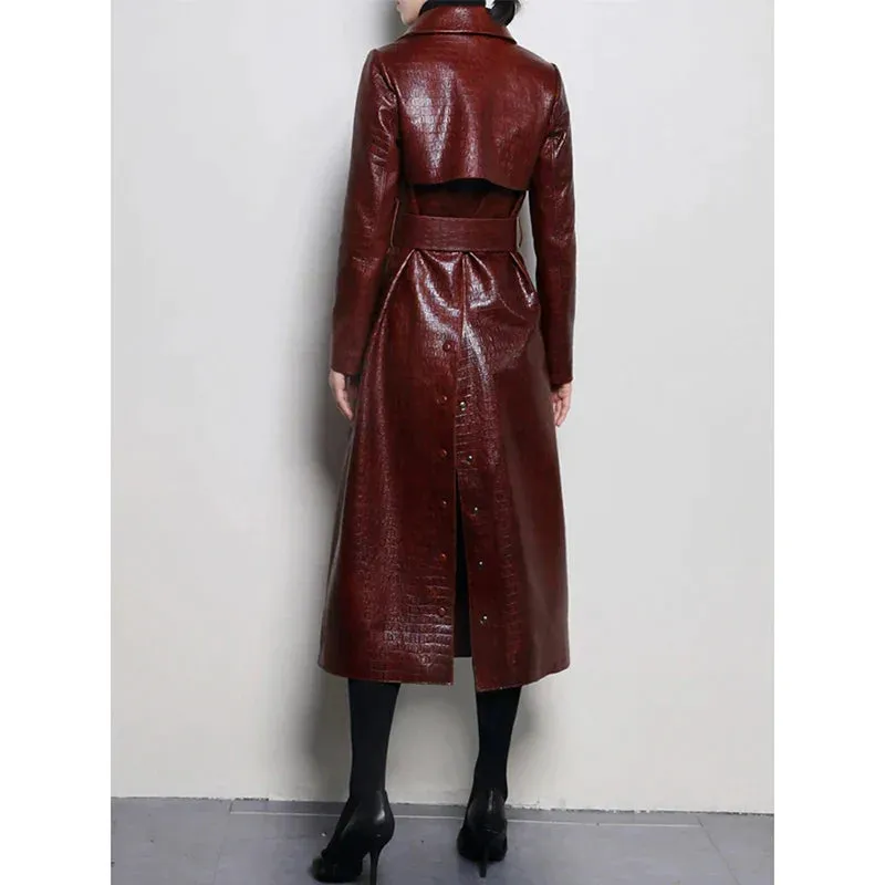 Glossy Autumn Faux Leather Trench Coat