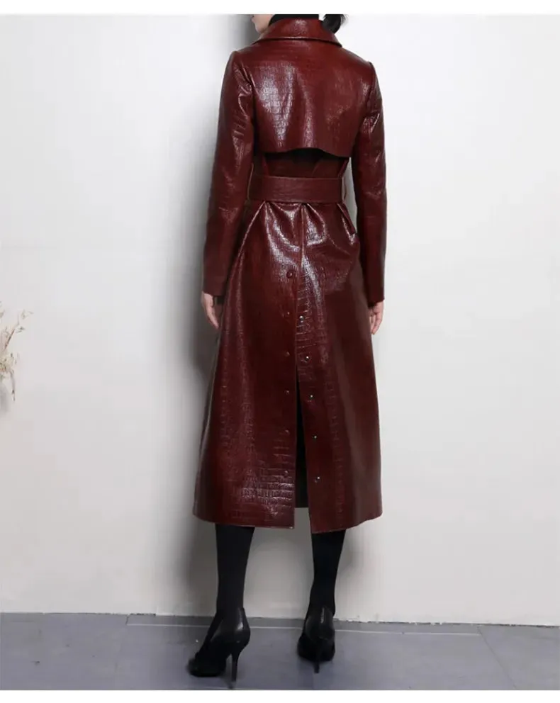 Glossy Autumn Faux Leather Trench Coat