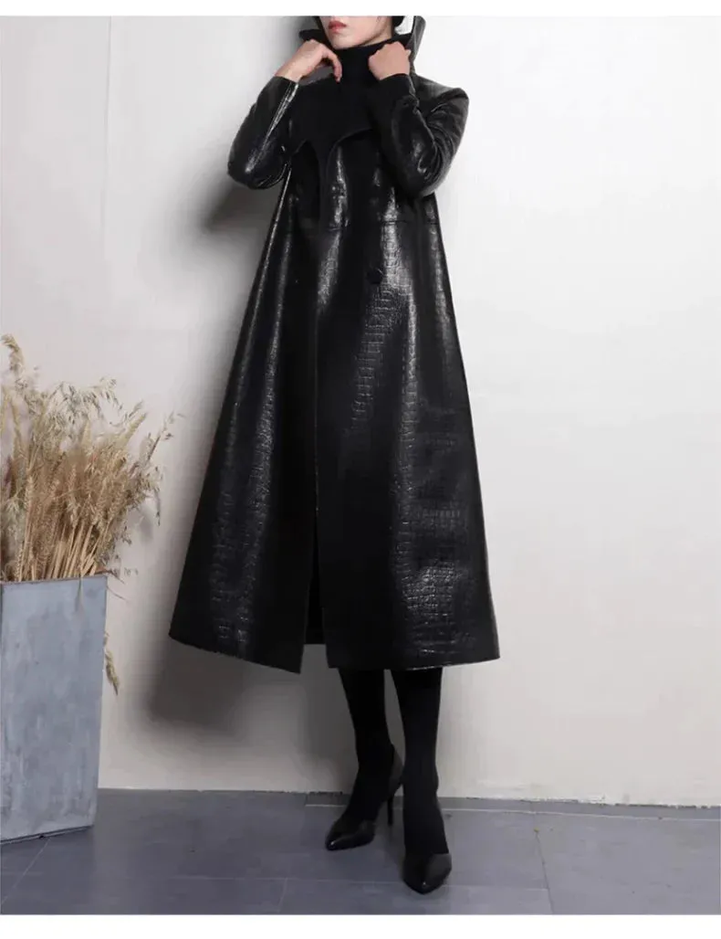 Glossy Autumn Faux Leather Trench Coat