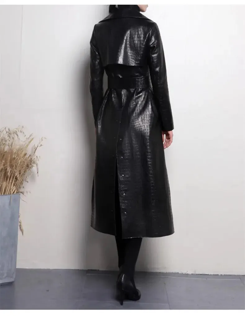 Glossy Autumn Faux Leather Trench Coat