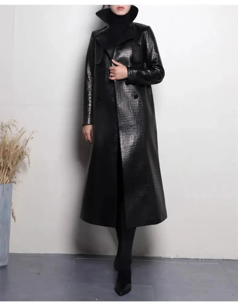 Glossy Autumn Faux Leather Trench Coat