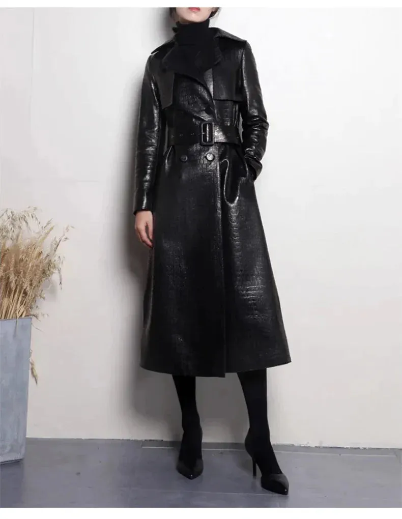 Glossy Autumn Faux Leather Trench Coat