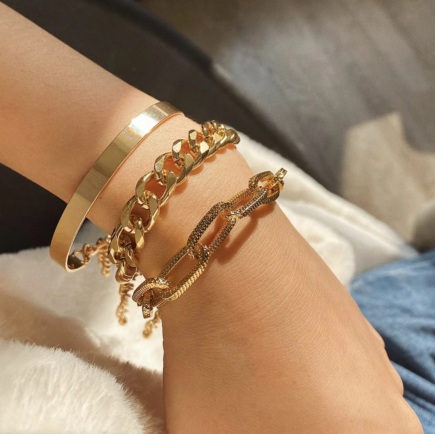 Gold Chunky Chain Link Set of 3 Bracelets