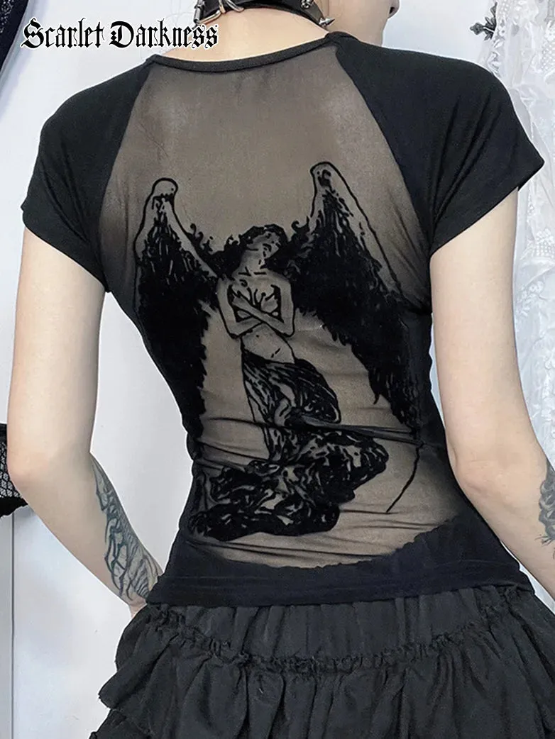 Gothic Backless Flocking Printed T-shirt for Women