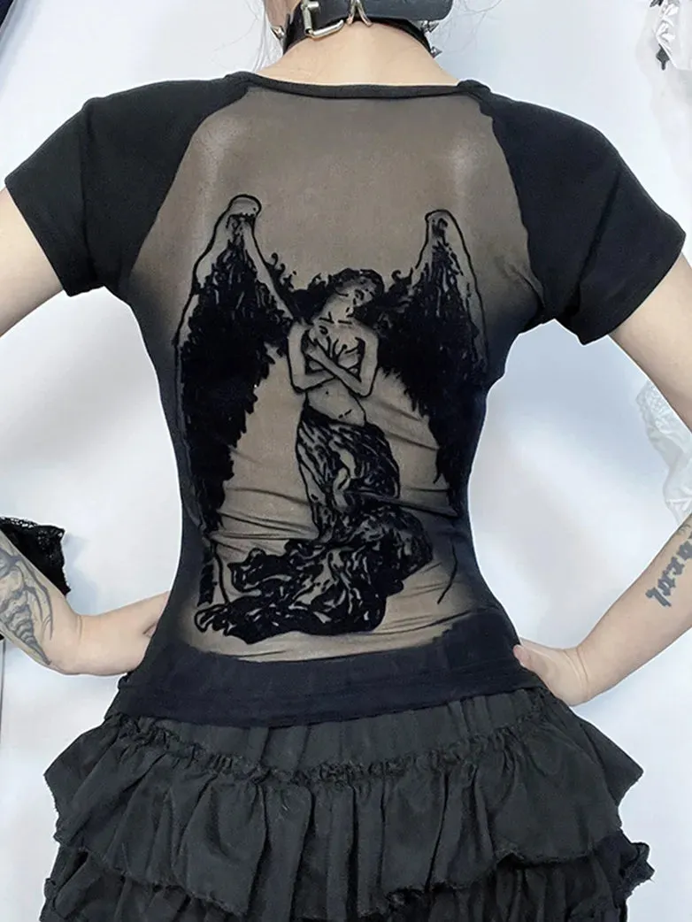 Gothic Backless Flocking Printed T-shirt for Women