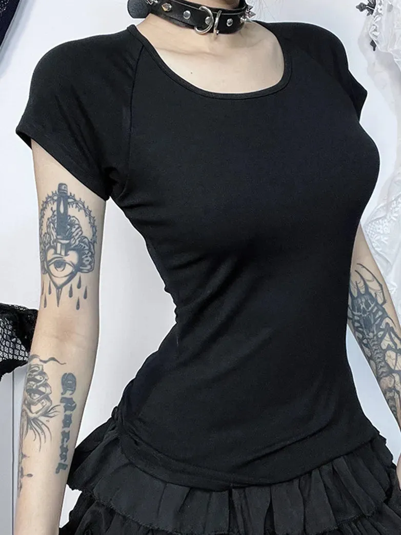 Gothic Backless Flocking Printed T-shirt for Women