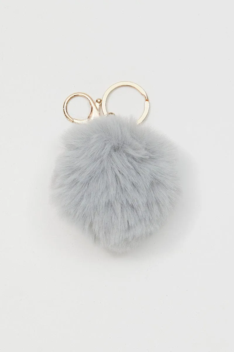 Grey Faux Fur Pom Pom Key Ring