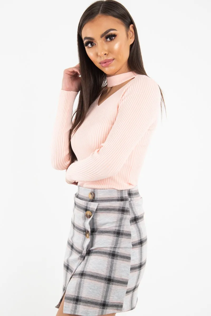 Grey Pink Check Scuba Mini Skirt - Leisa