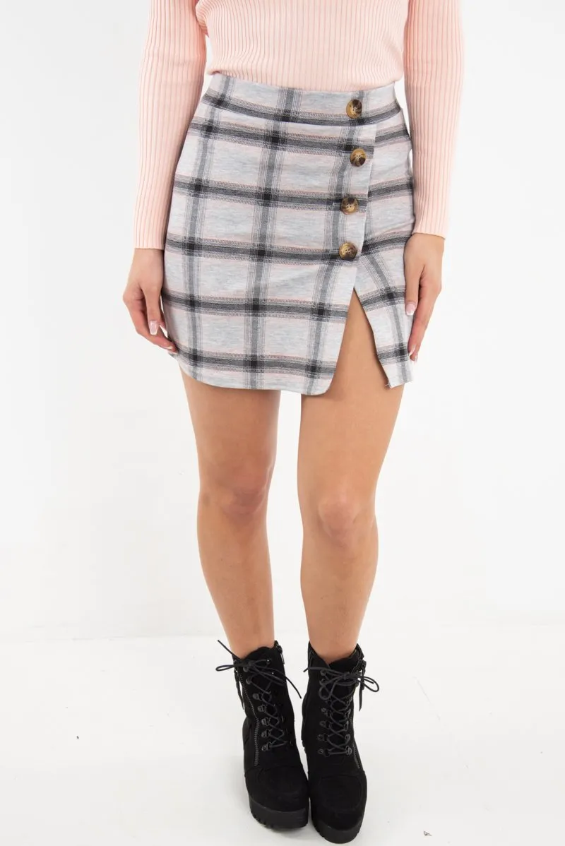 Grey Pink Check Scuba Mini Skirt - Leisa