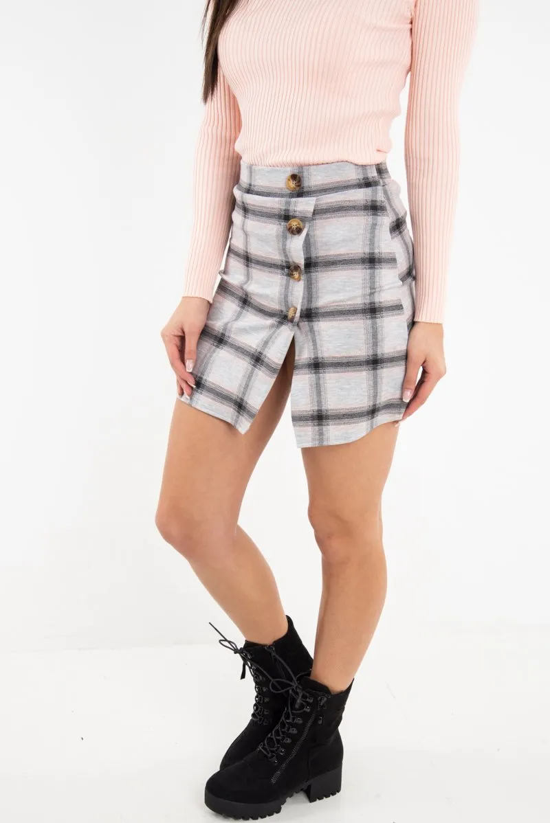 Grey Pink Check Scuba Mini Skirt - Leisa