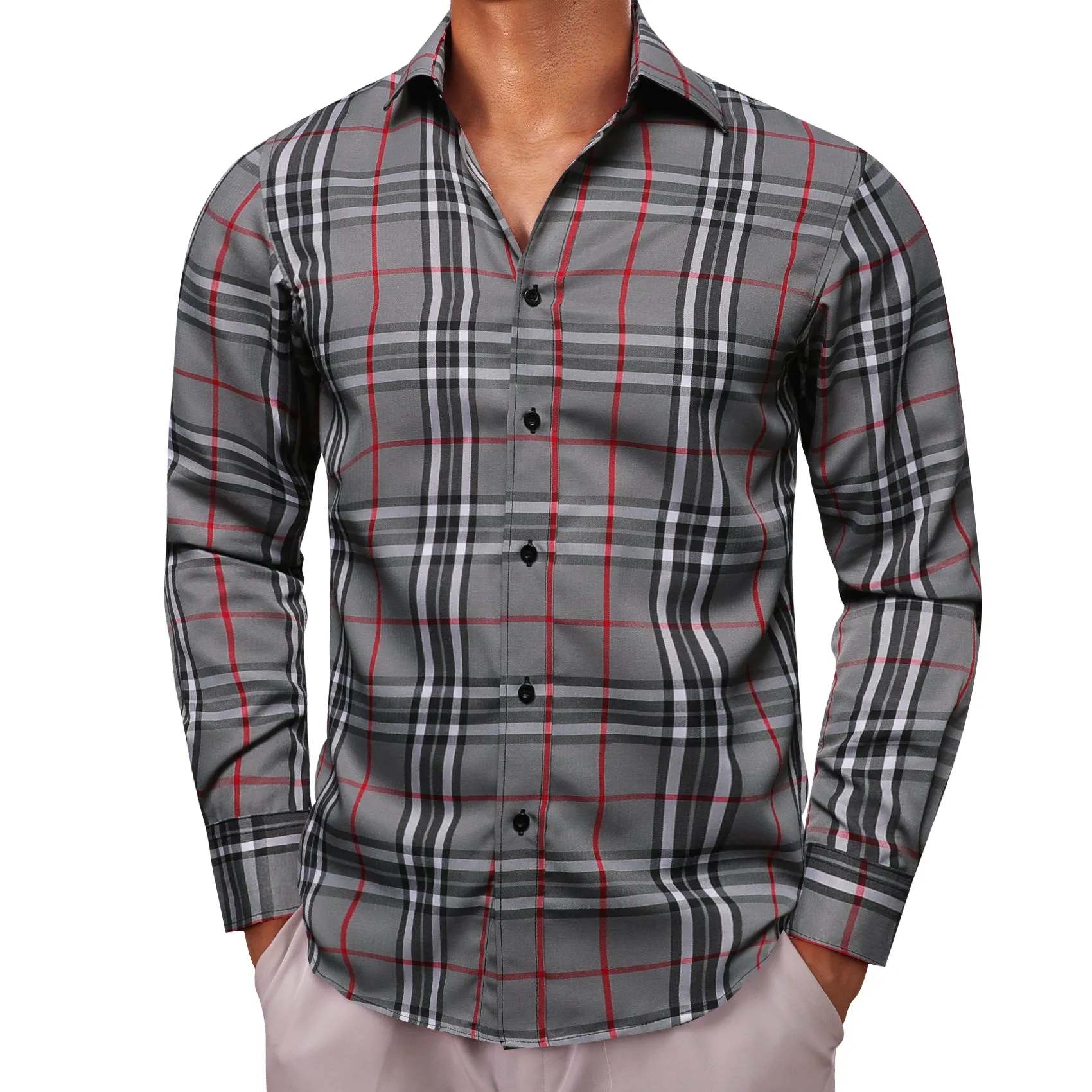 Grey White Plaid Men's Long Sleeve Work Shirt