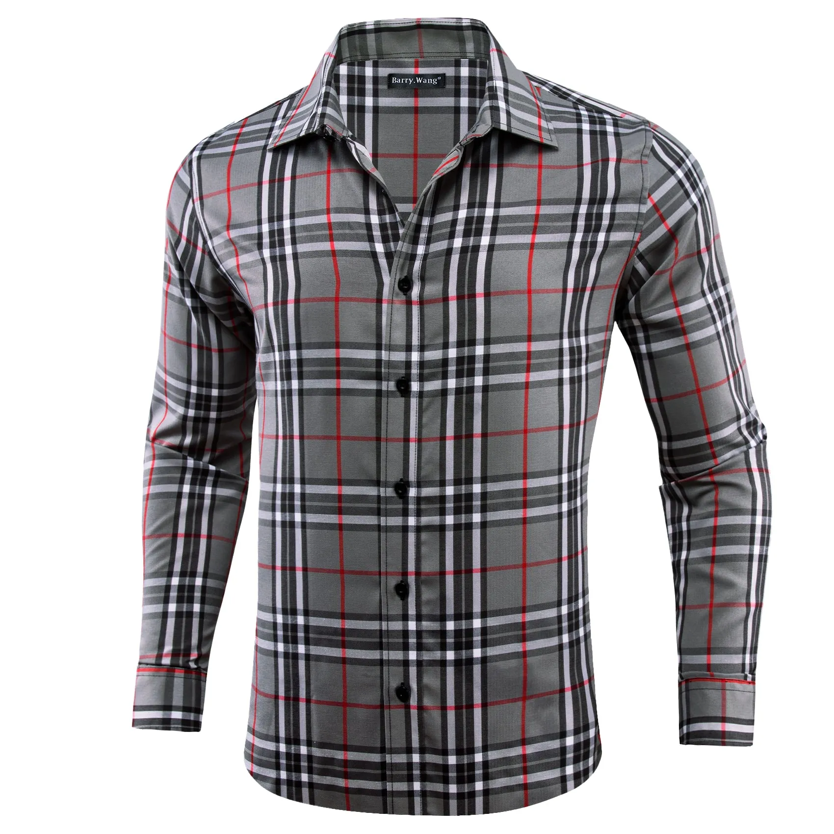 Grey White Plaid Men's Long Sleeve Work Shirt