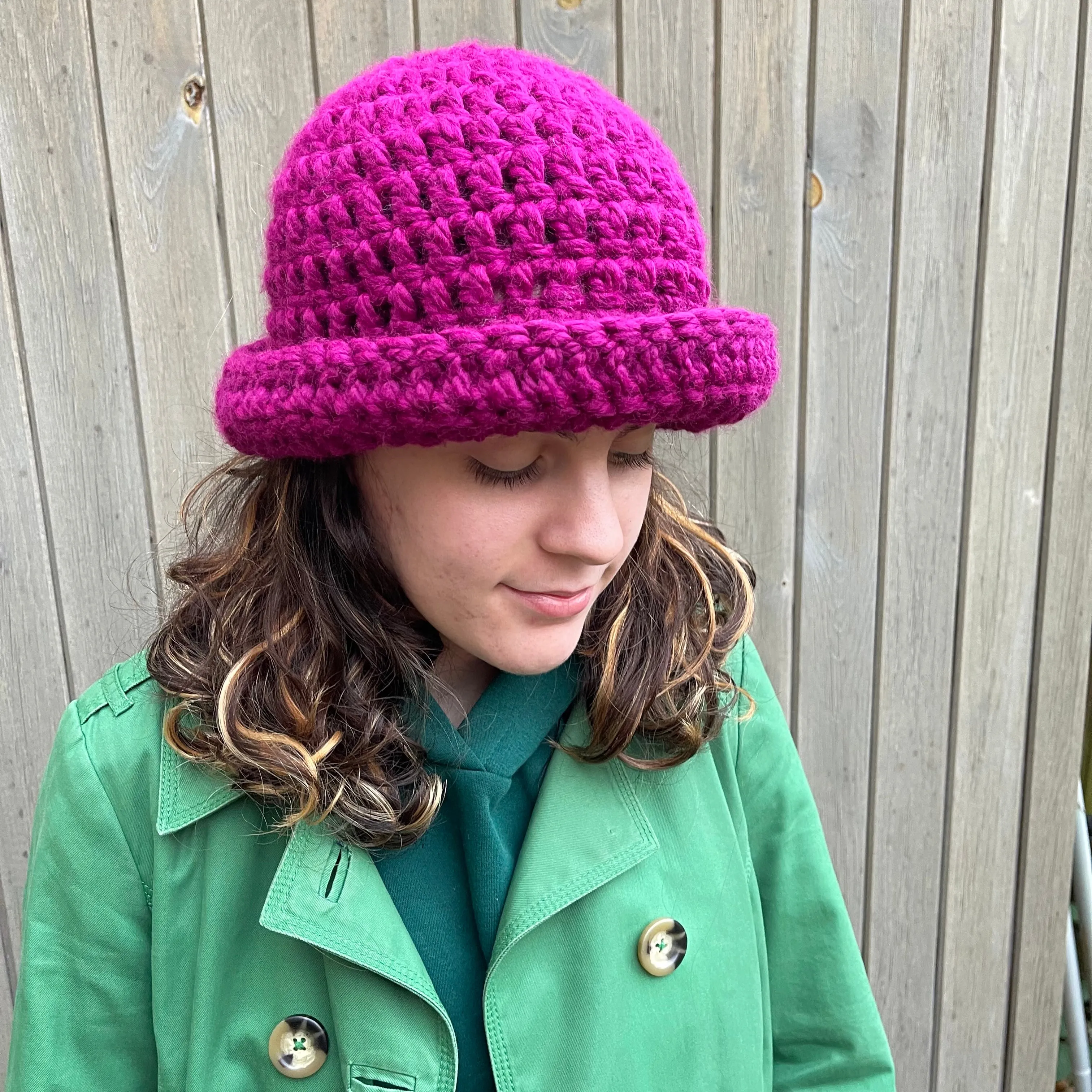 Handmade beetroot chunky crochet bowler hat