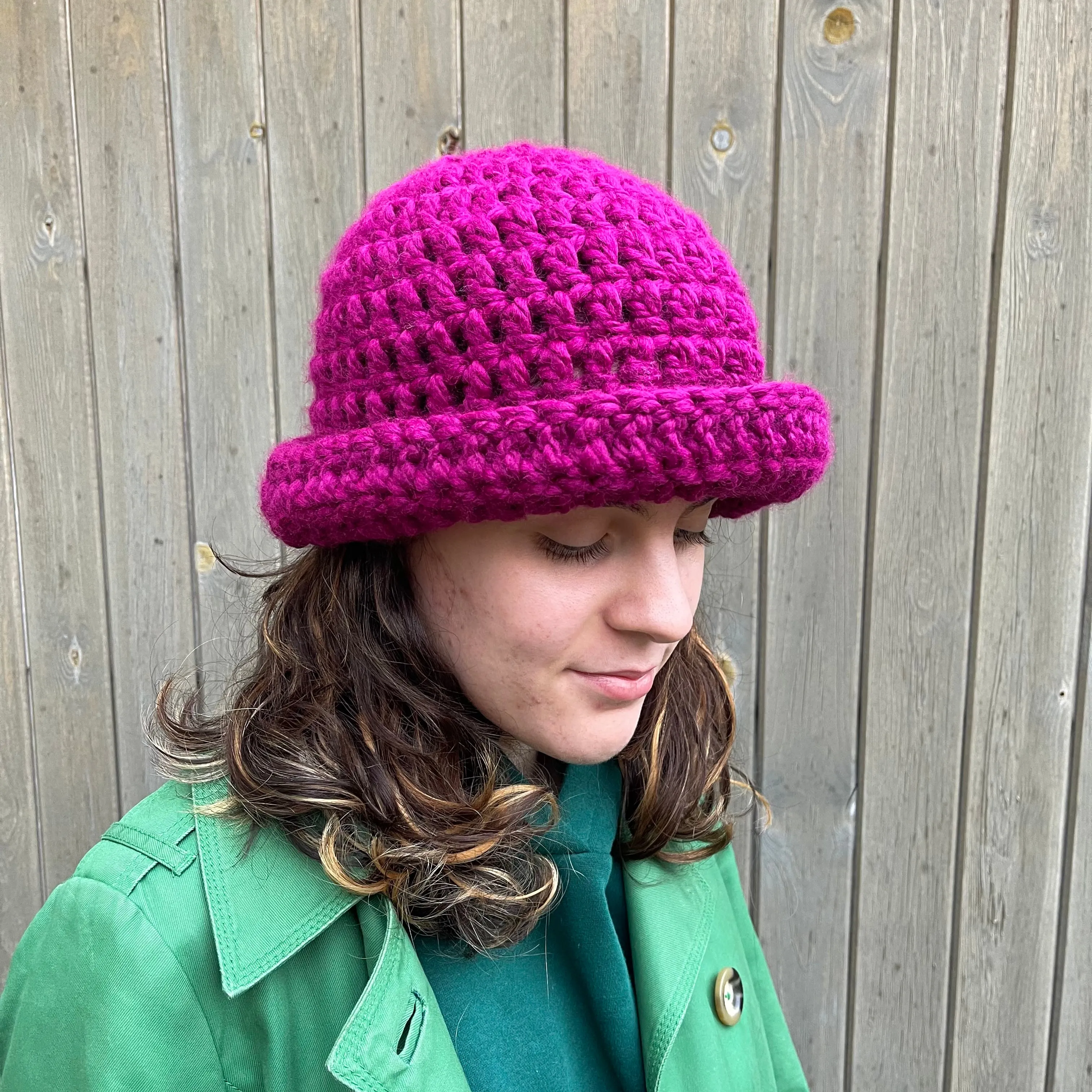 Handmade beetroot chunky crochet bowler hat