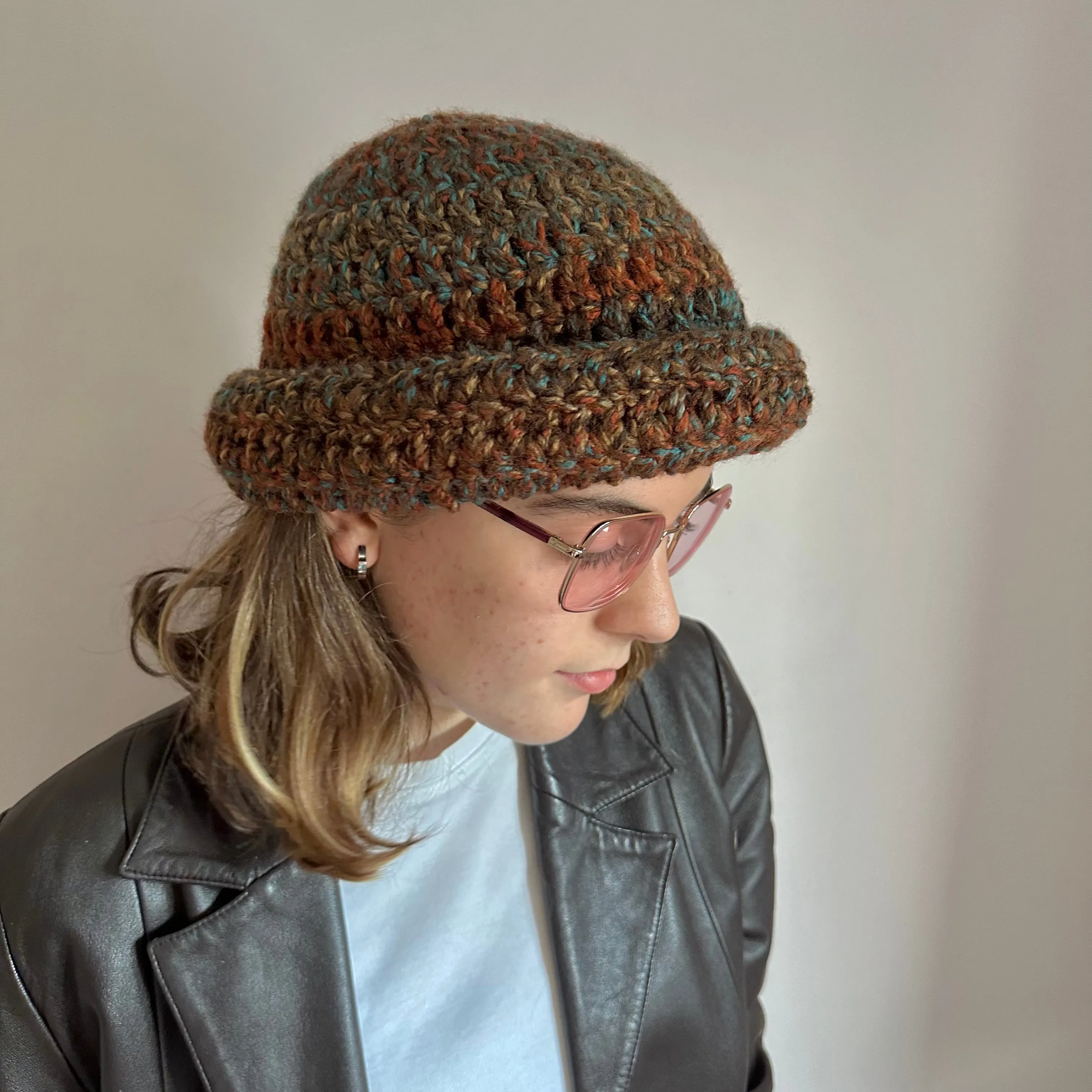 Handmade blue and brown chunky crochet bowler hat