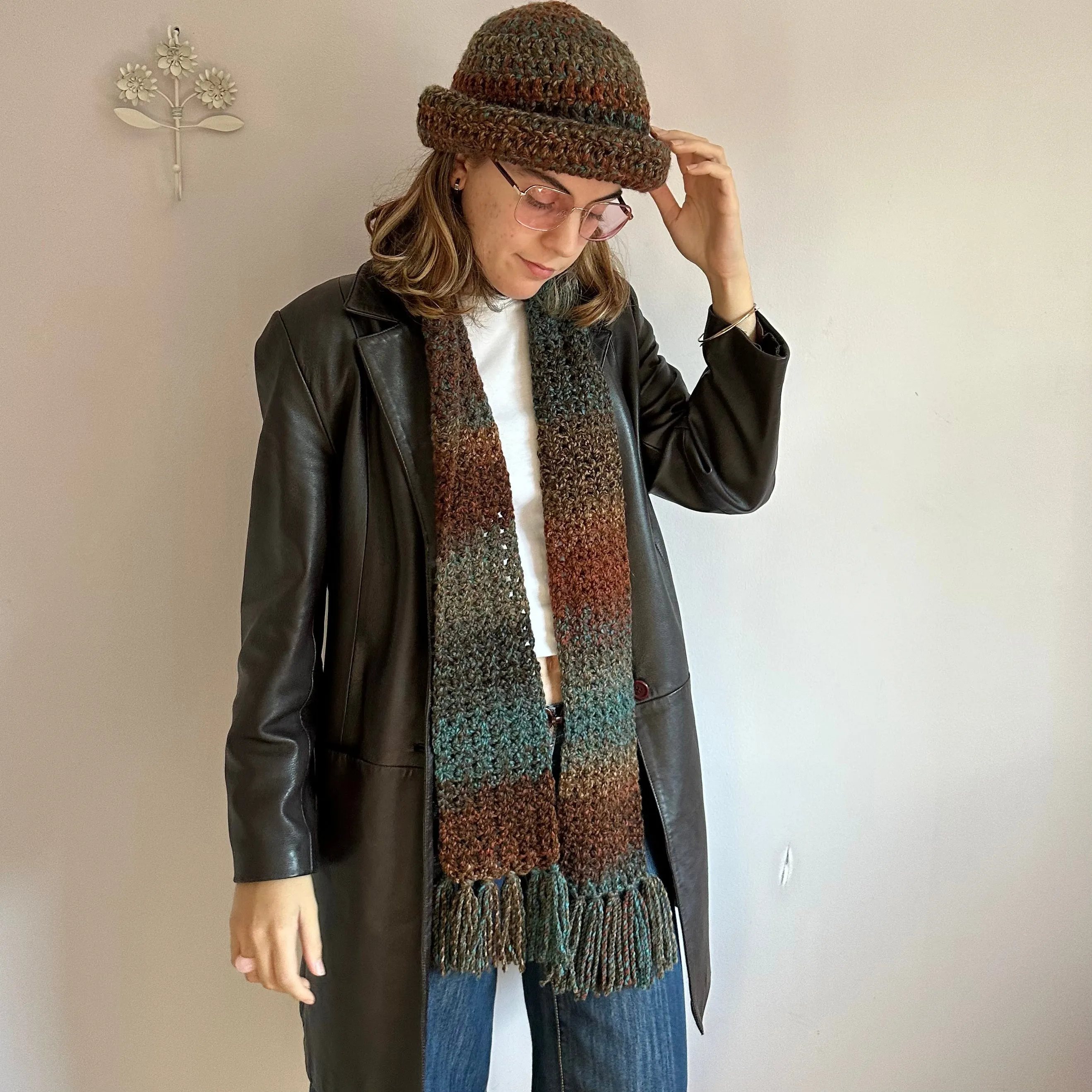 Handmade blue and brown chunky crochet bowler hat