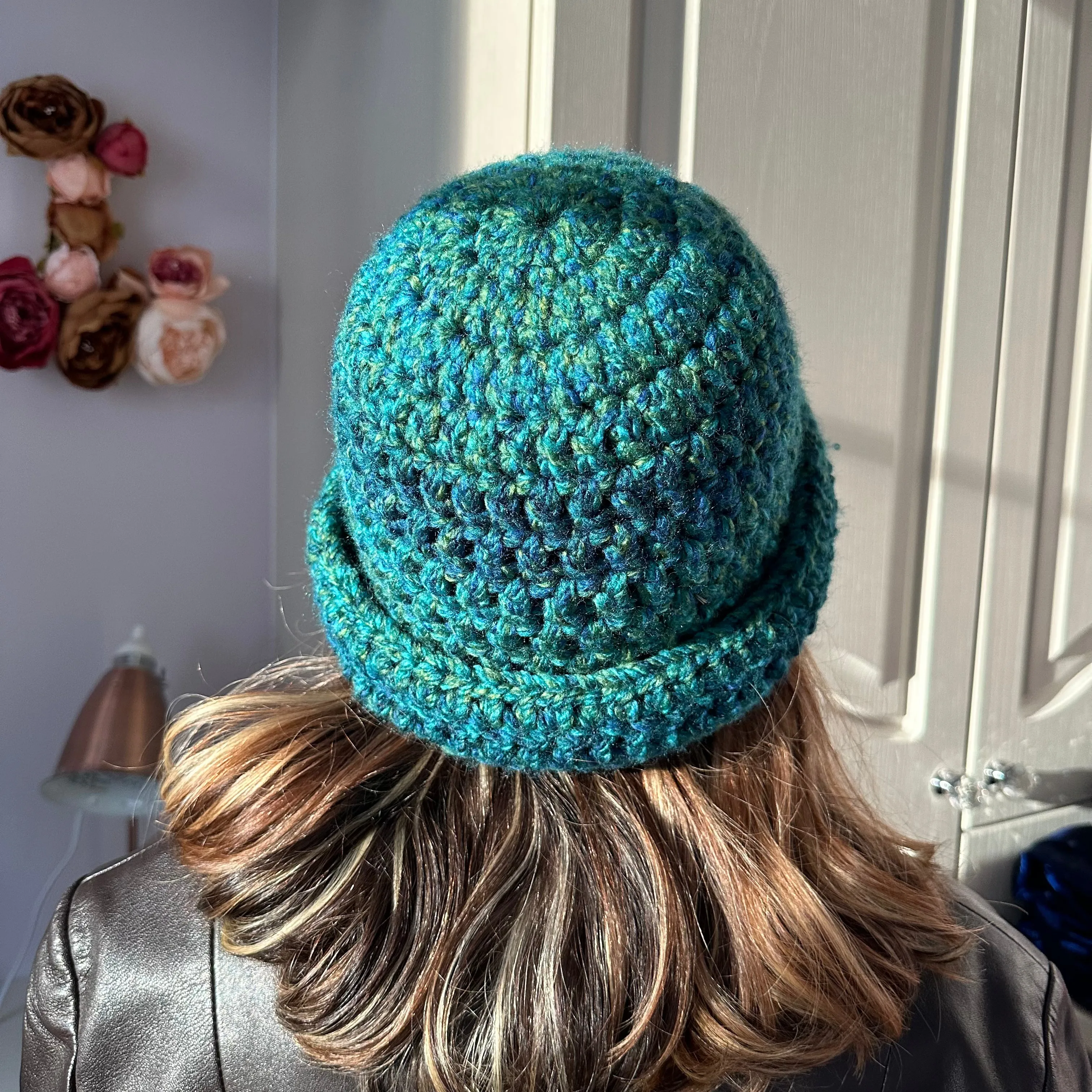 Handmade blue and green chunky crochet bowler hat