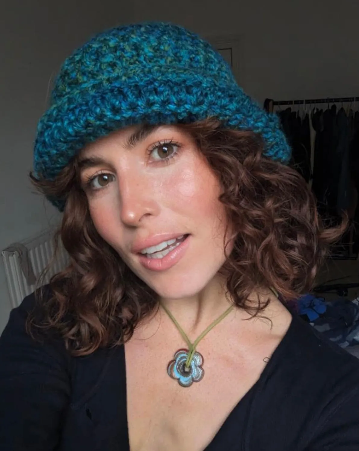 Handmade blue and green chunky crochet bowler hat