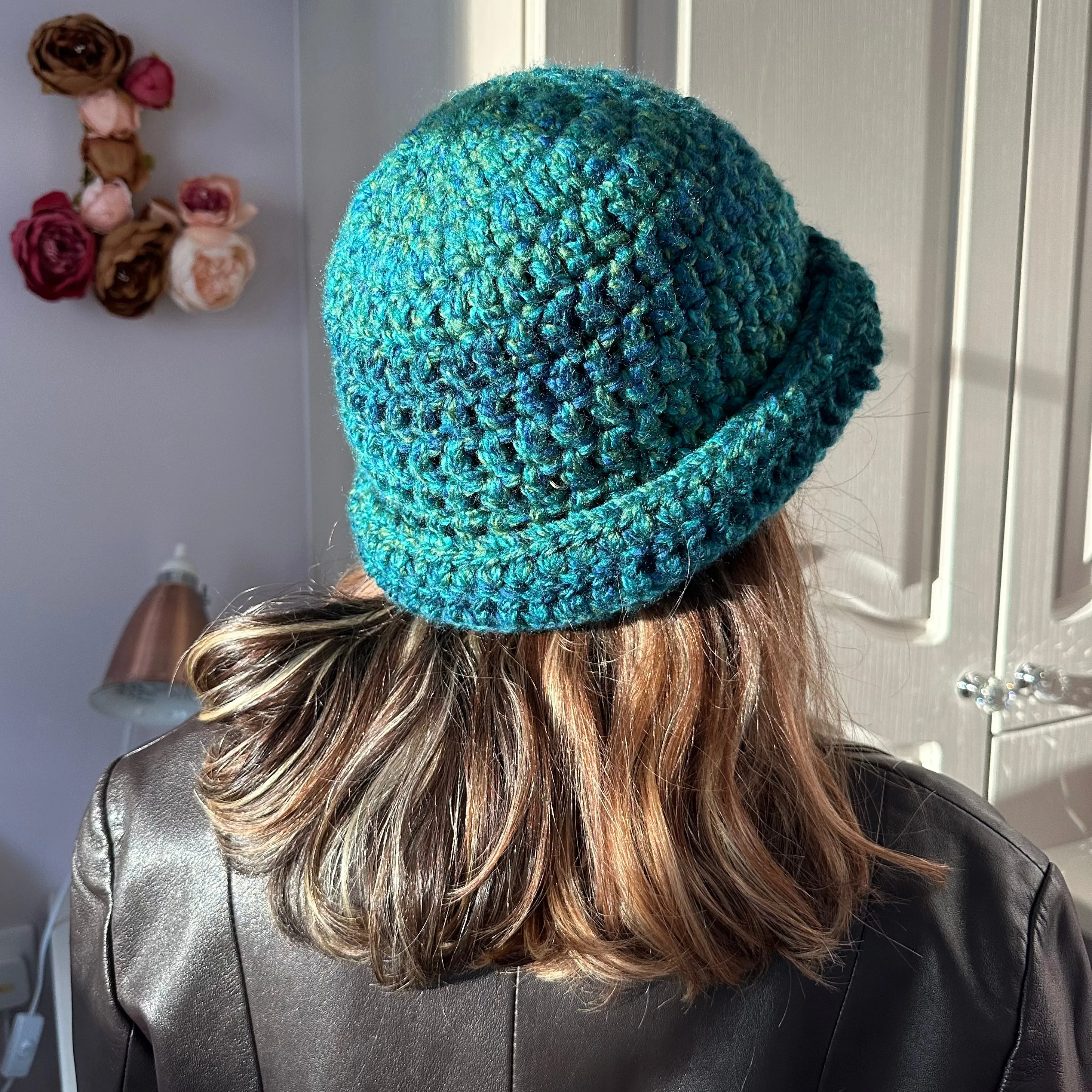 Handmade blue and green chunky crochet bowler hat