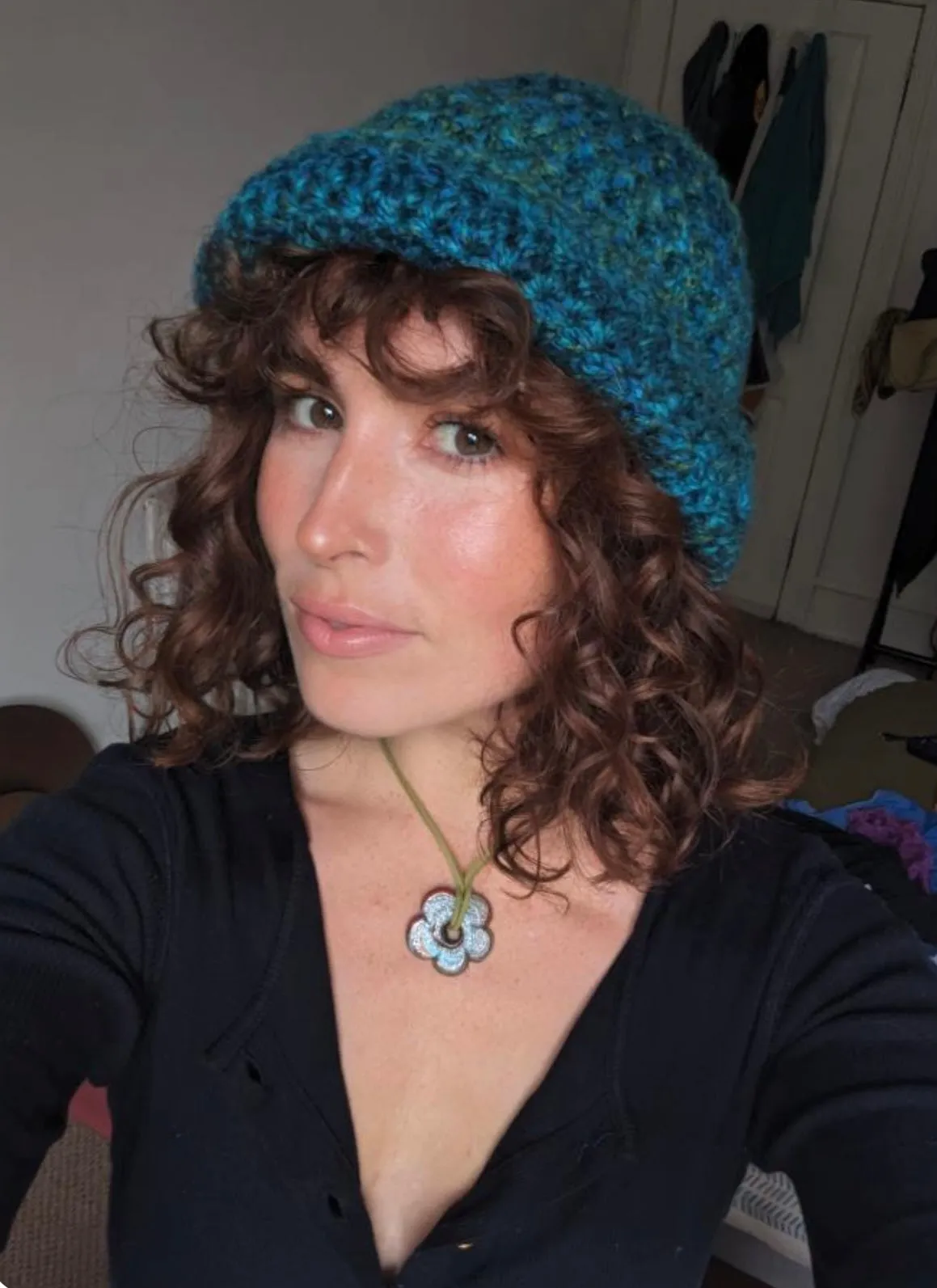 Handmade blue and green chunky crochet bowler hat