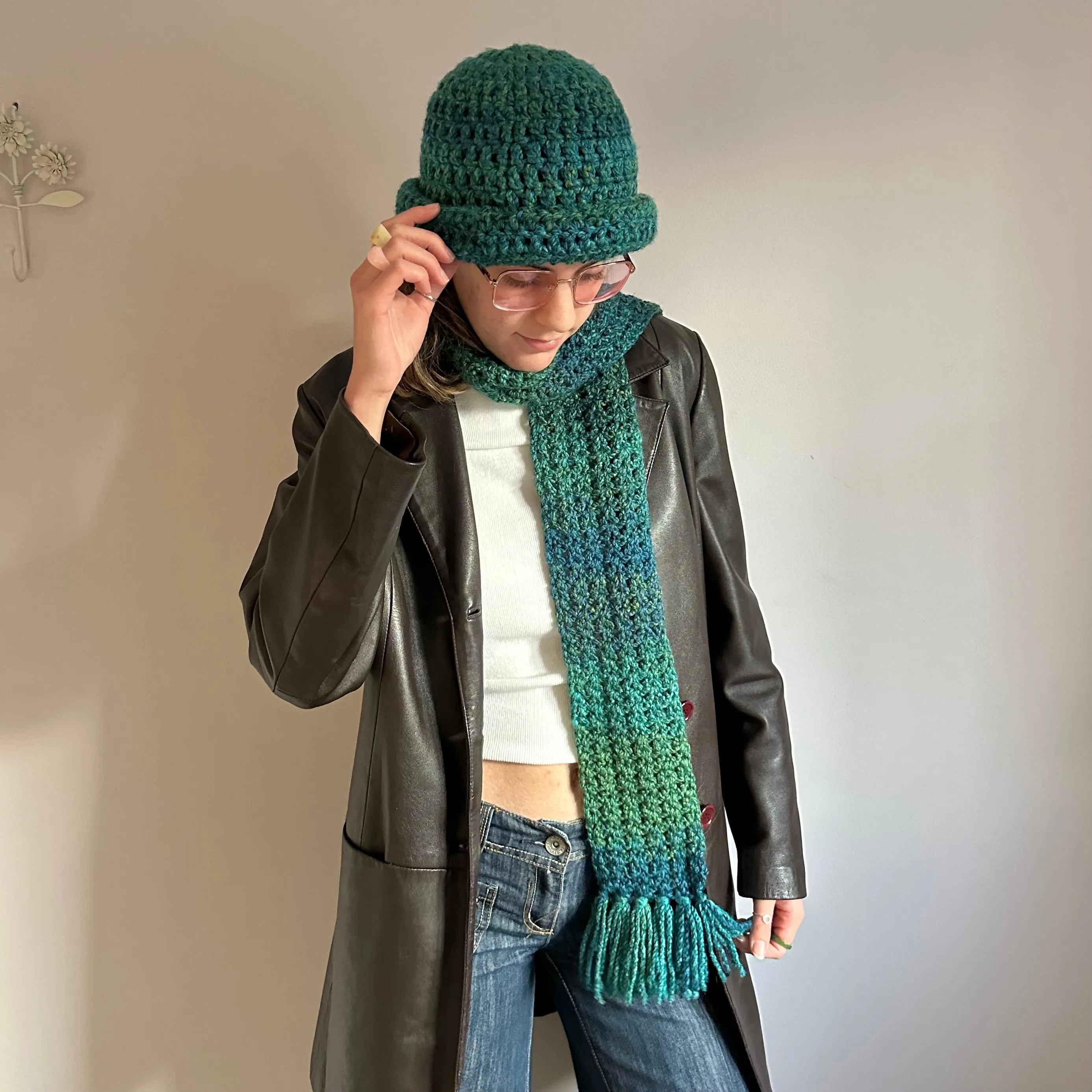 Handmade blue and green chunky crochet bowler hat