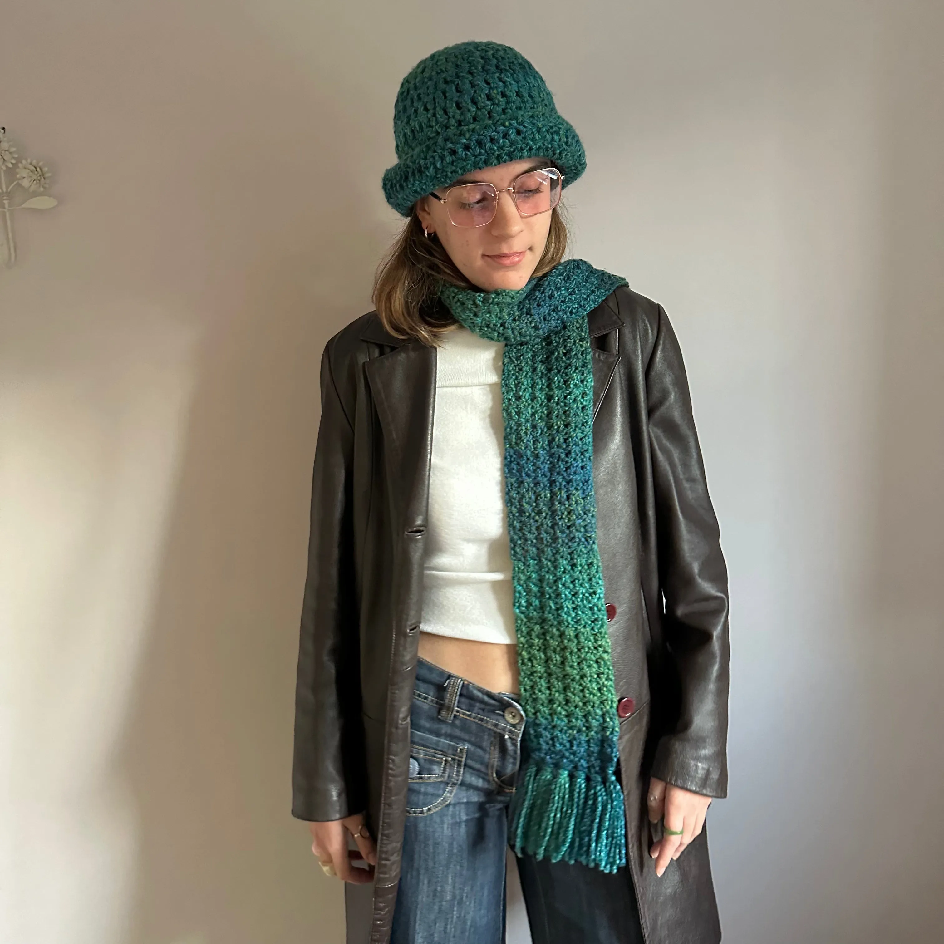 Handmade blue and green chunky crochet bowler hat