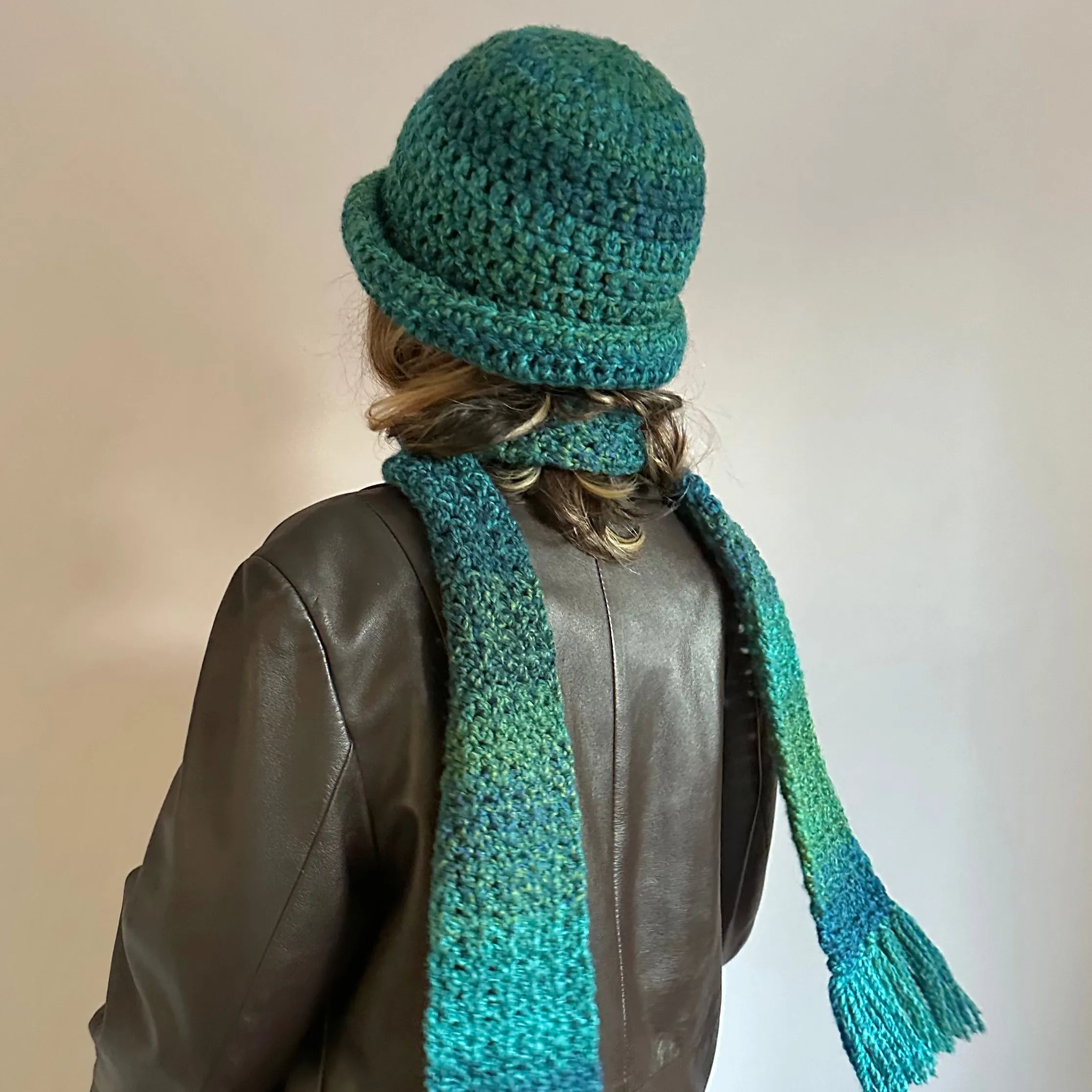 Handmade blue and green chunky crochet bowler hat